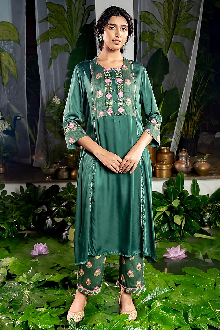 Green Satin Silk Boota Printed & Mirror Embroidered A-Line Kurta Set by Baise Gaba