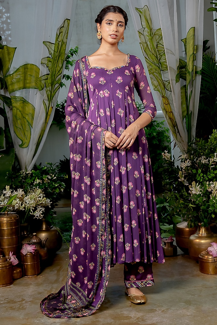 Purple Georgette Boota Printed & Handwork Anarkali Set by Baise Gaba