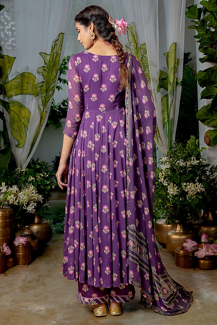 Purple Georgette Boota Printed & Handwork Anarkali Set by Baise Gaba at Pernia's Pop Up Shop