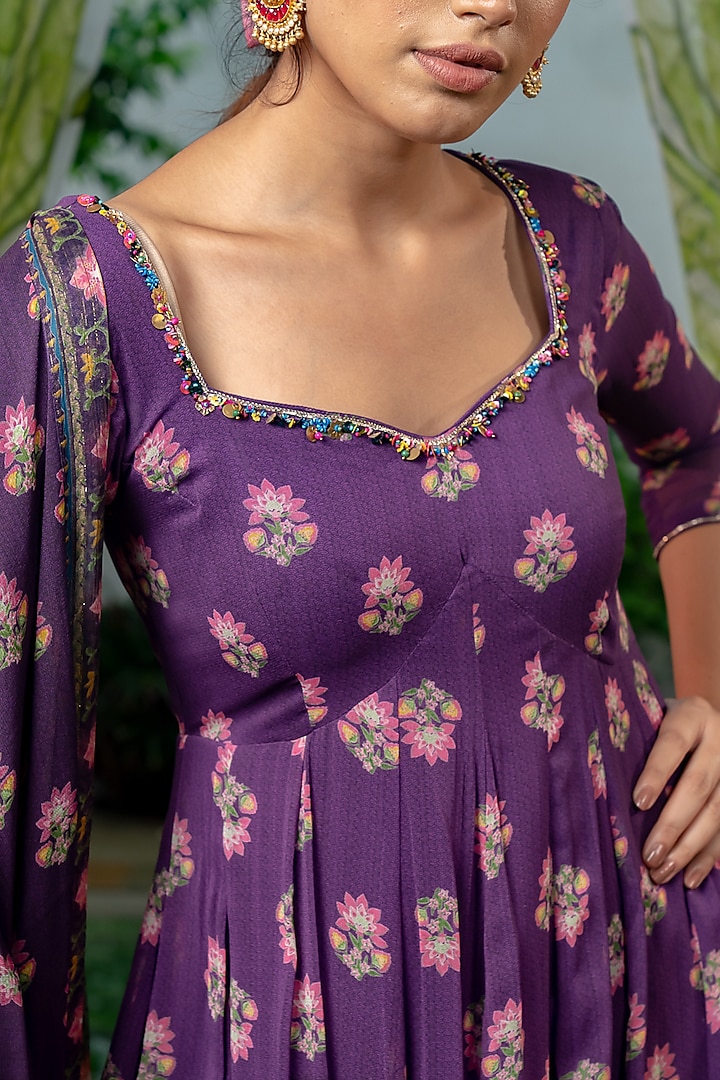 Purple Georgette Boota Printed & Handwork Anarkali Set by Baise Gaba at Pernia's Pop Up Shop
