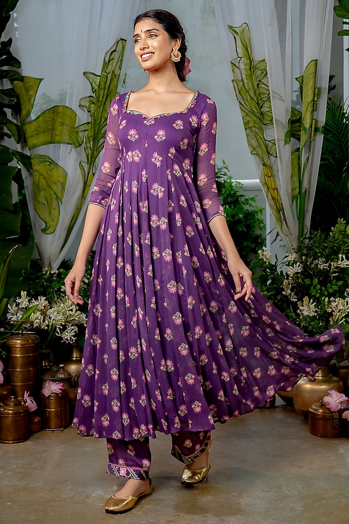 Purple Georgette Boota Printed & Handwork Anarkali Set by Baise Gaba at Pernia's Pop Up Shop