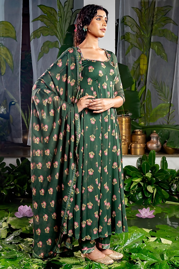 Green Georgette Boota Printed & Handwork Anarkali Set by Baise Gaba at Pernia's Pop Up Shop