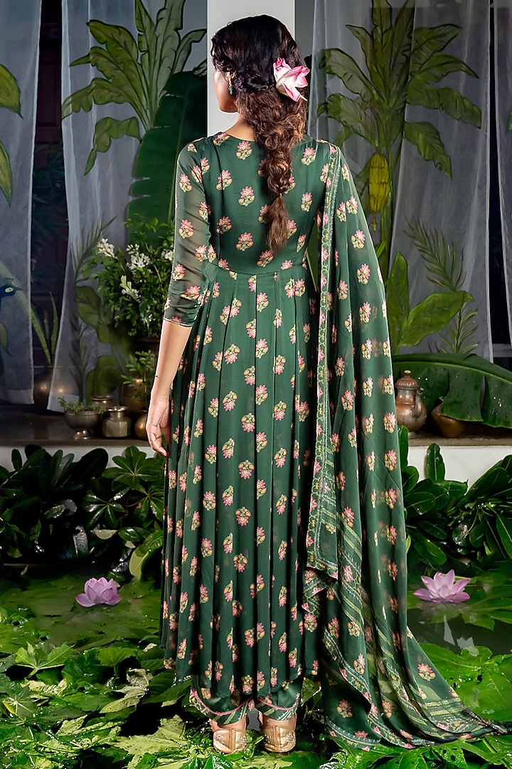 Green Georgette Boota Printed & Handwork Anarkali Set by Baise Gaba at Pernia's Pop Up Shop