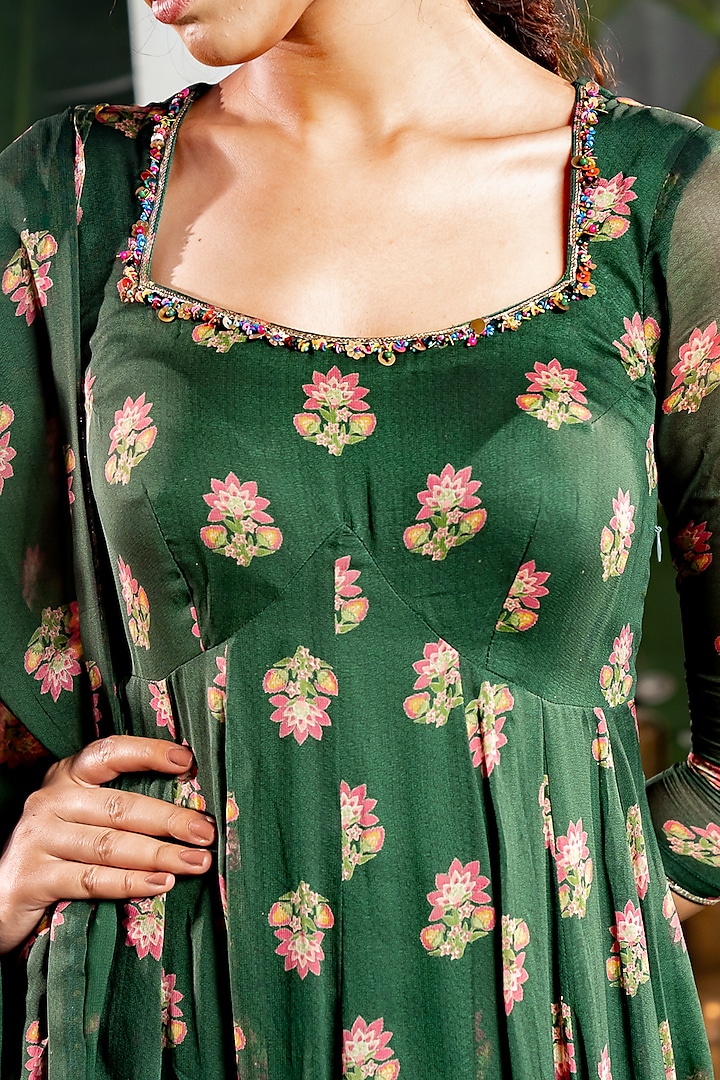 Green Georgette Boota Printed & Handwork Anarkali Set by Baise Gaba at Pernia's Pop Up Shop