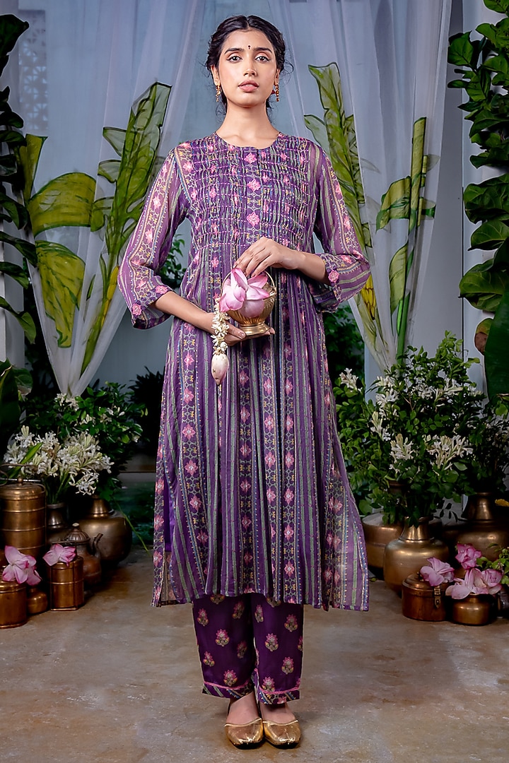 Purple Chiffon Stripes Printed Kurta Set by Baise Gaba