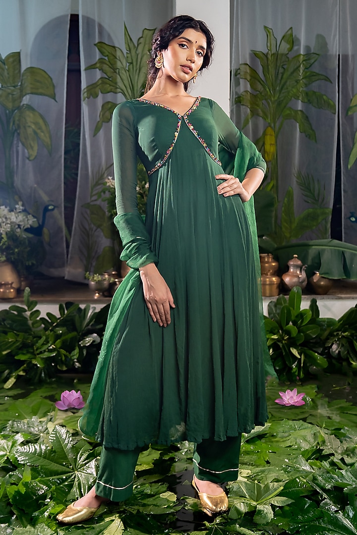 Green Chiffon Gota-Patti Work Anarkali Set by Baise Gaba