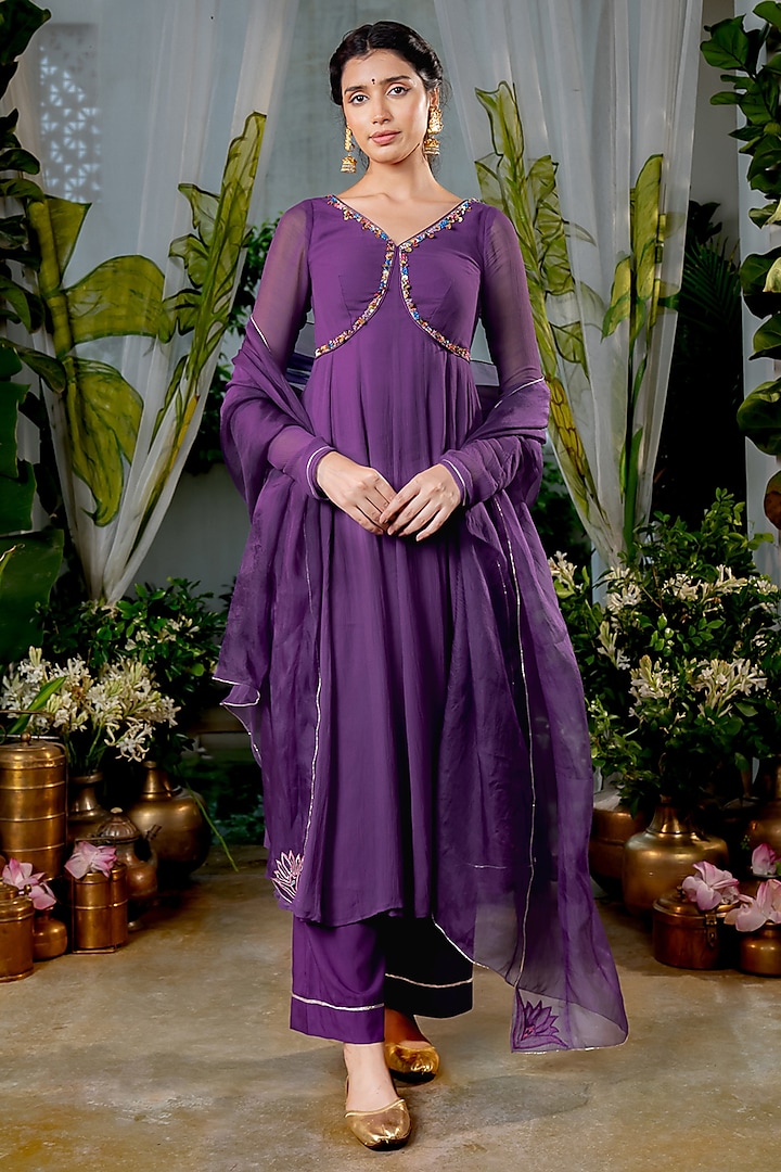 Purple Chiffon Gota-Patti Hand Work Anarkali Set by Baise Gaba