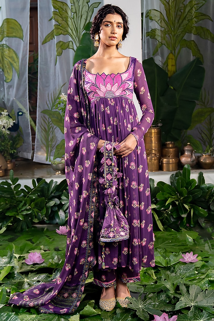 Purple Chiffon Gota-Patti Hand Work Anarkali Set by Baise Gaba