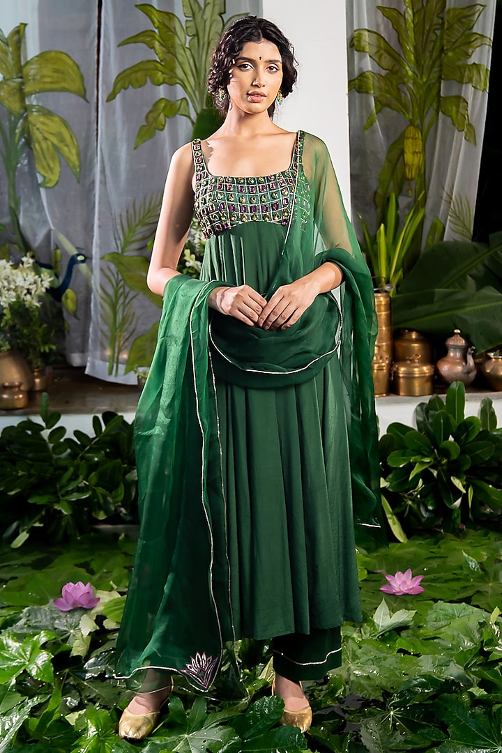 Green Crepe Stone Embellished Anarkali Set by Baise Gaba at Pernia's Pop Up Shop