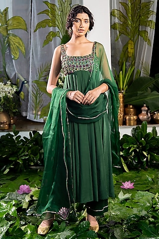 Green Crepe Stone Embellished Anarkali Set by Baise Gaba