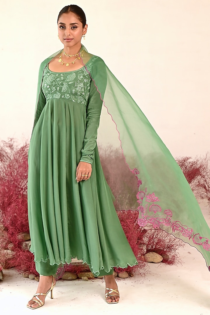 Green Crepe Embroidered Anarkali Set by Baise Gaba