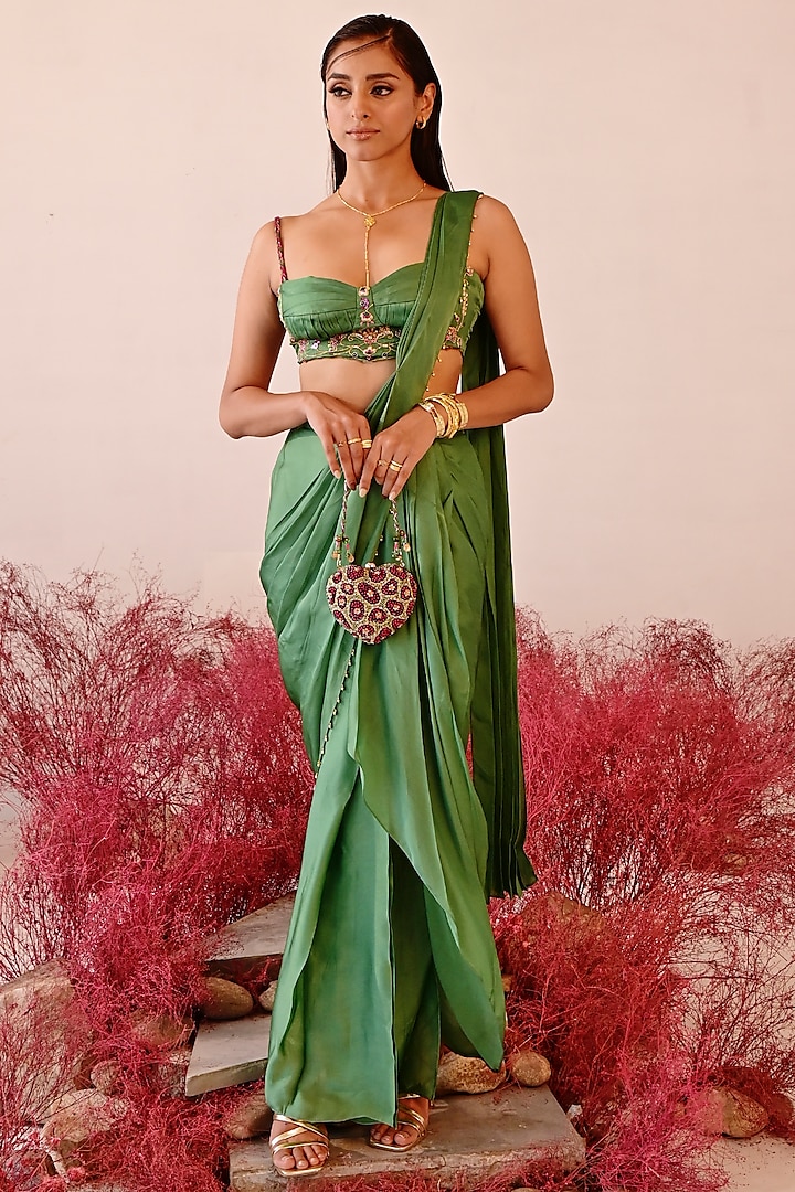 Green Crepe Dhoti Saree Set by Baise Gaba