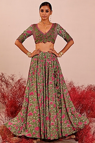 Green Crepe Printed & Machine Embroidered Blouse by Baise Gaba