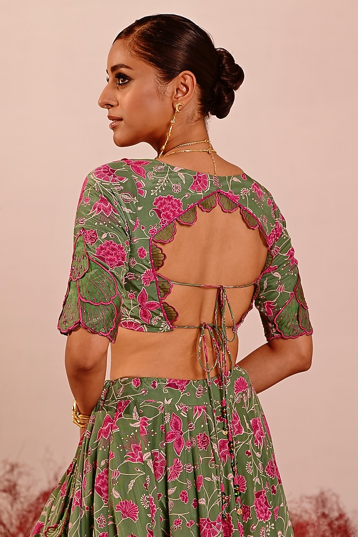 Green Crepe Printed & Machine Embroidered Blouse by Baise Gaba at Pernia's Pop Up Shop