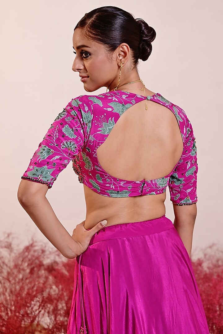 Magenta Crepe Printed & Hand Embroidered Blouse by Baise Gaba at Pernia's Pop Up Shop