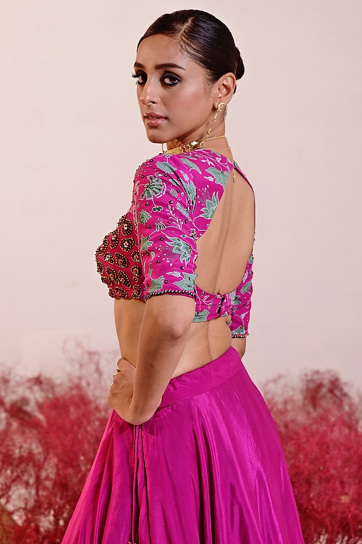 Magenta Crepe Printed & Hand Embroidered Blouse by Baise Gaba at Pernia's Pop Up Shop