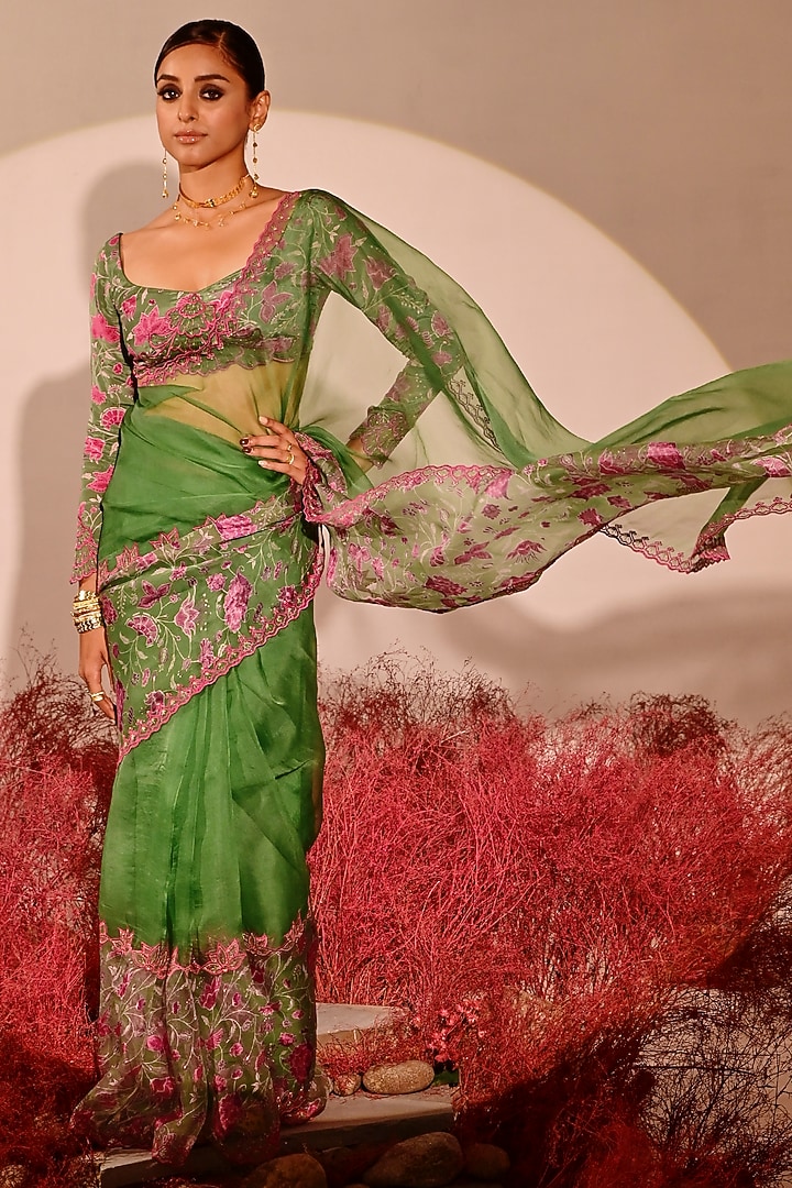 Green Organza Printed Blouse by Baise Gaba at Pernia's Pop Up Shop