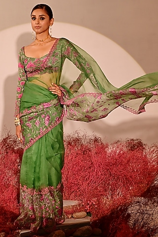 Green Organza Printed Blouse by Baise Gaba