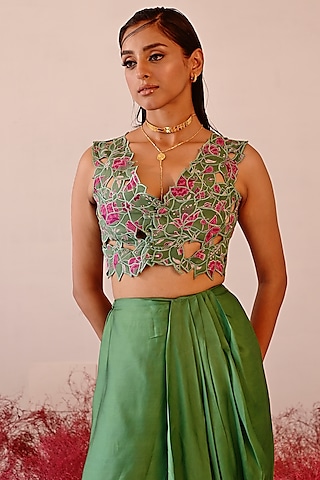 Green Crepe Printed Coat by Baise Gaba
