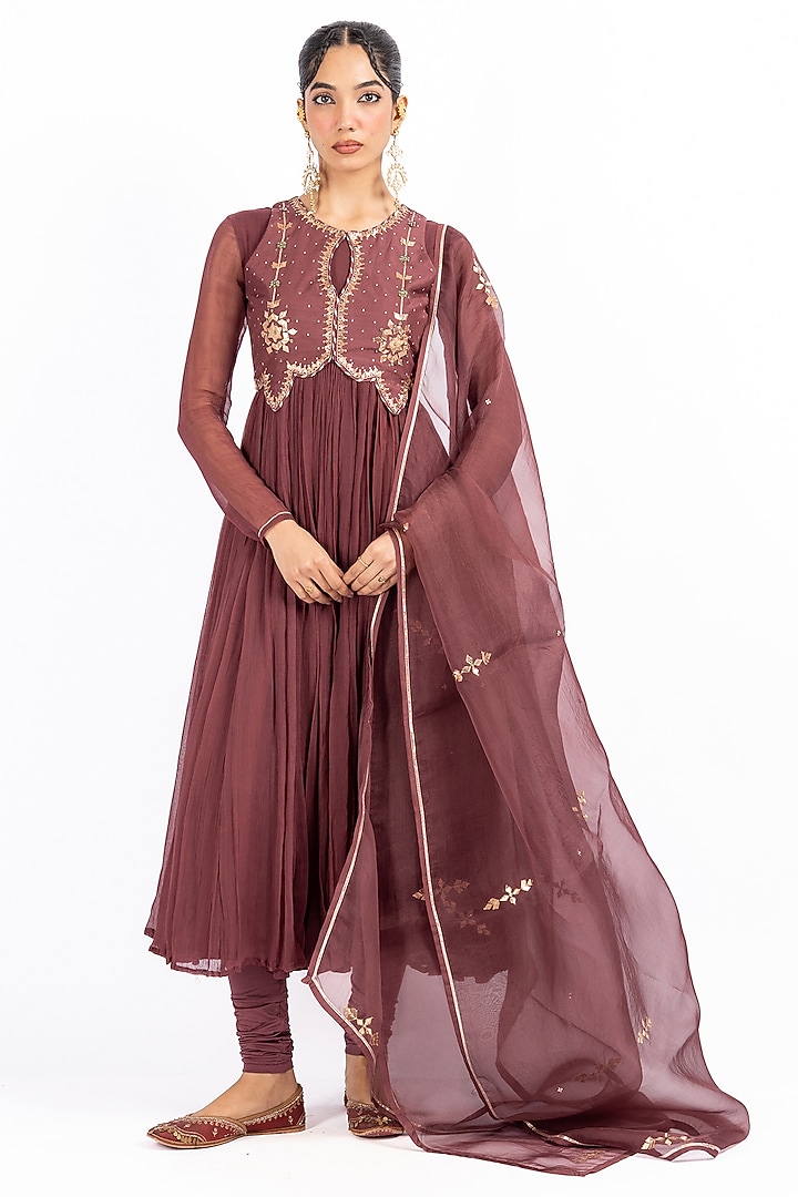 Maroon Chiffon Gota Work Party Wear Anarkali Set by Baise Gaba at Pernia's Pop Up Shop