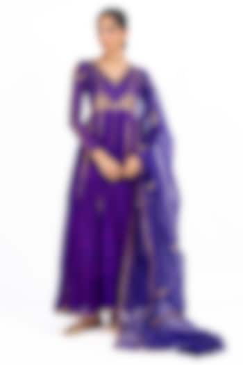 Purple Pure Georgette Gota Patti Embroidered Wedding Anarkali Set by Baise Gaba at Pernia's Pop Up Shop