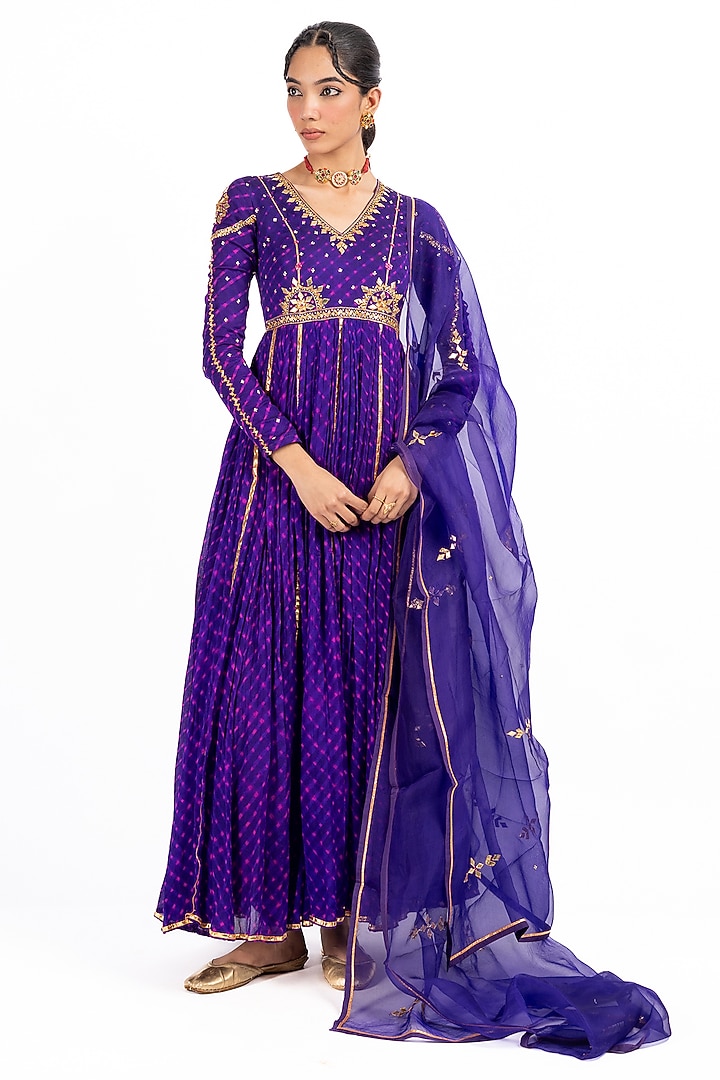Purple Pure Georgette Gota Patti Embroidered Wedding Anarkali Set by Baise Gaba at Pernia's Pop Up Shop