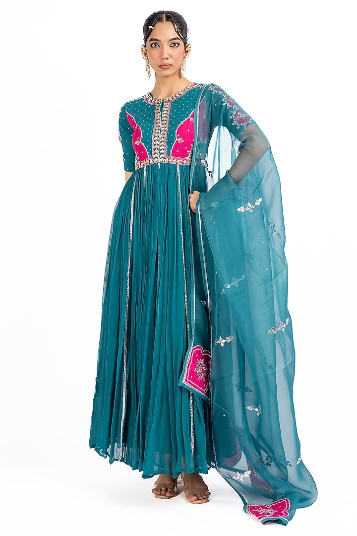 Teal Chiffon Gota Work Wedding Anarkali Set by Baise Gaba at Pernia's Pop Up Shop