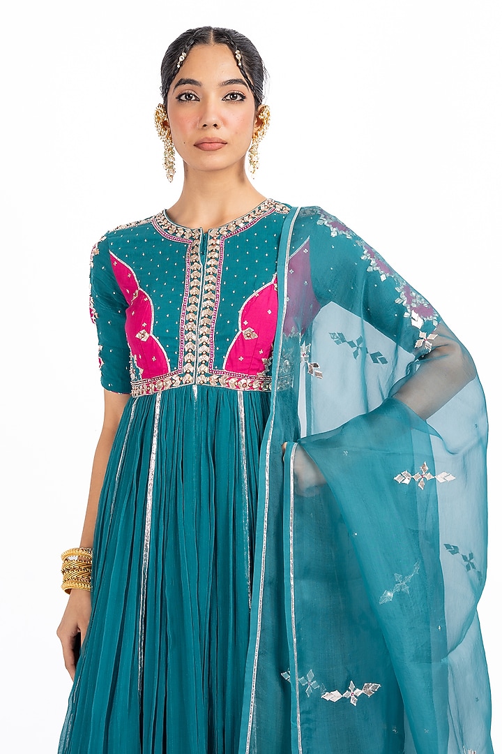 Teal Chiffon Gota Work Wedding Anarkali Set by Baise Gaba at Pernia's Pop Up Shop