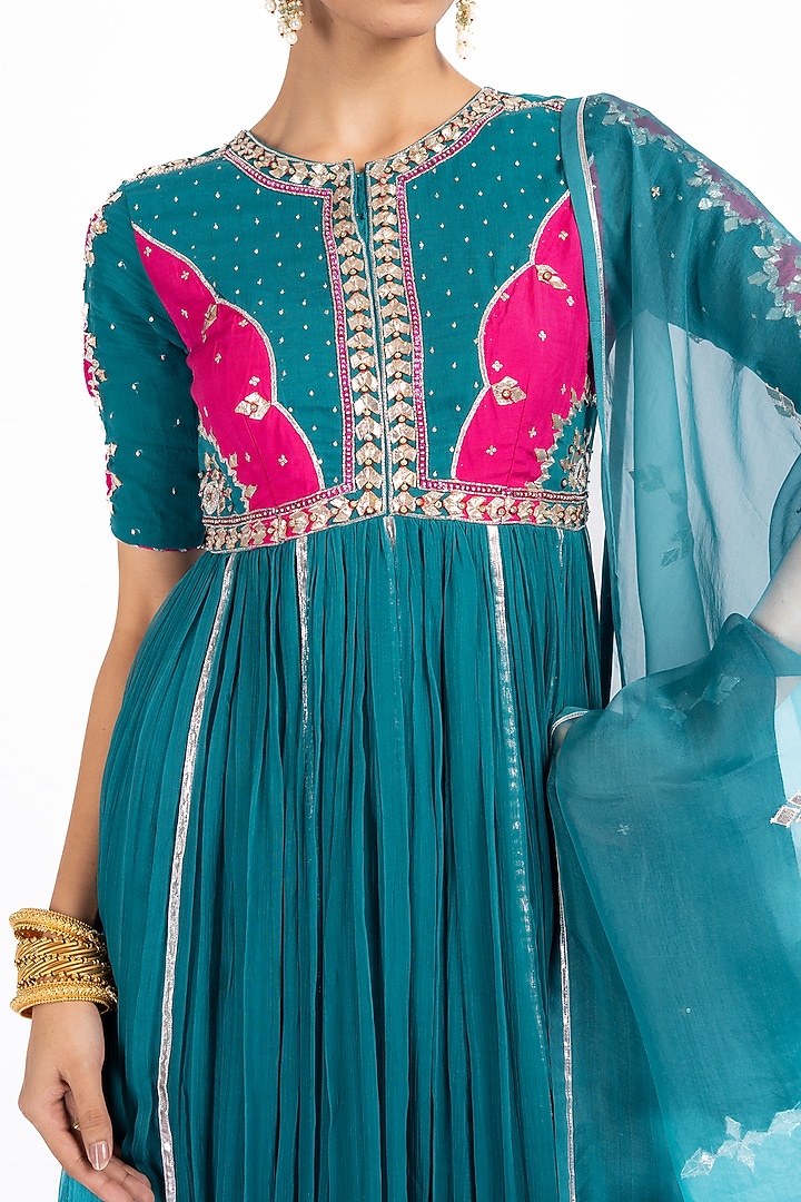 Teal Chiffon Gota Work Wedding Anarkali Set by Baise Gaba at Pernia's Pop Up Shop