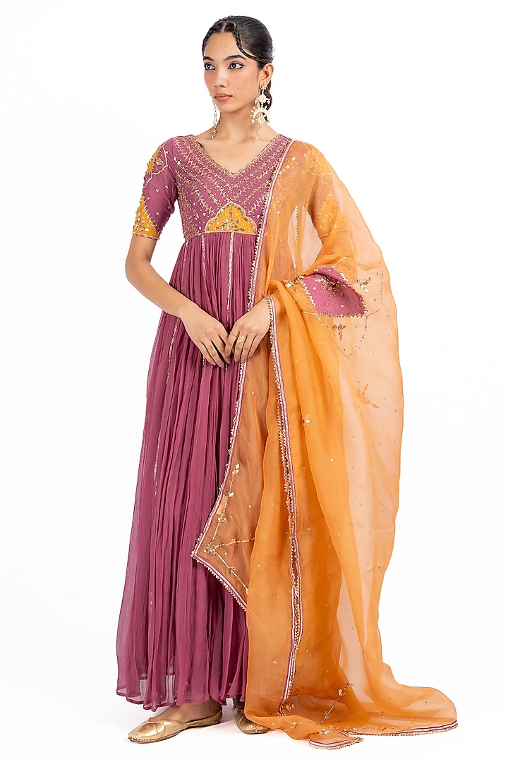 Purple Mauve Chiffon Gota Work Wedding Anarkali Set by Baise Gaba at Pernia's Pop Up Shop