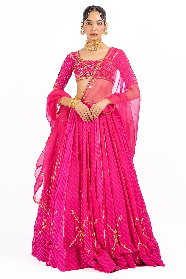 Pink Pure Georgette Leheriya Gota Patti Work Wedding Lehenga Set by Baise Gaba at Pernia's Pop Up Shop