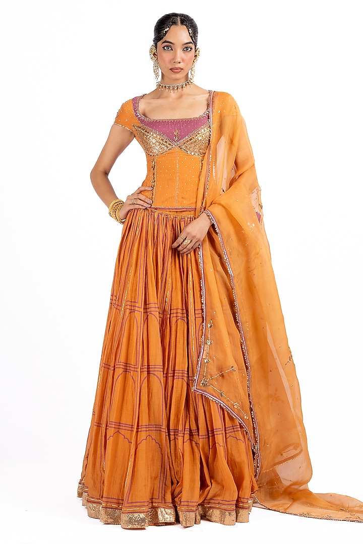 Mustard Chanderi Printed & Gota Work Wedding Lehenga Set by Baise Gaba at Pernia's Pop Up Shop