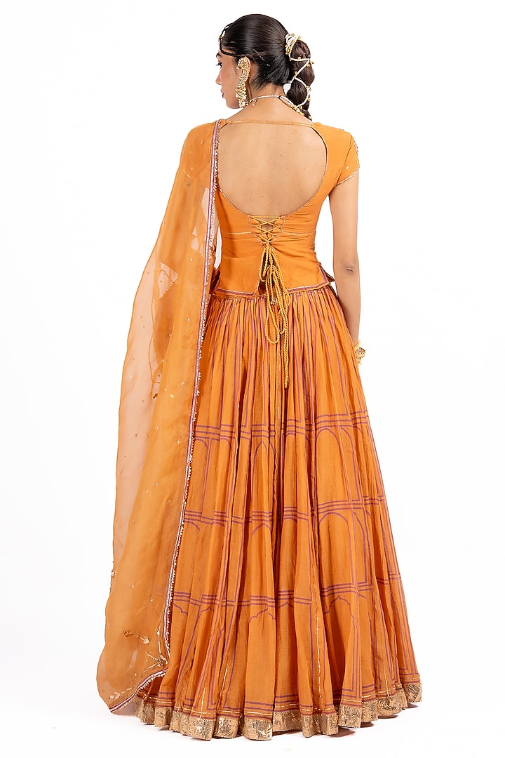 Mustard Chanderi Printed & Gota Work Wedding Lehenga Set by Baise Gaba at Pernia's Pop Up Shop