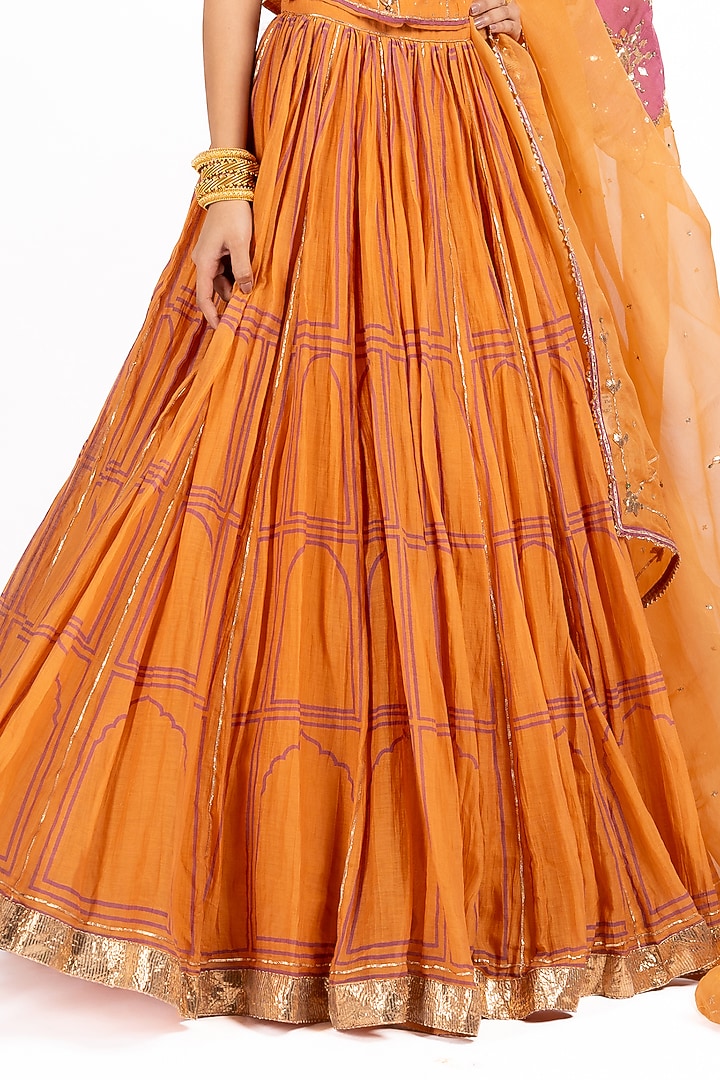 Mustard Chanderi Printed & Gota Work Wedding Lehenga Set by Baise Gaba at Pernia's Pop Up Shop