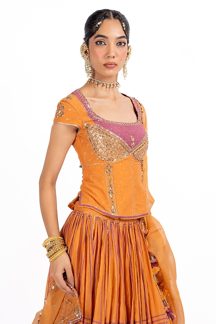 Mustard Chanderi Printed & Gota Work Wedding Lehenga Set by Baise Gaba at Pernia's Pop Up Shop