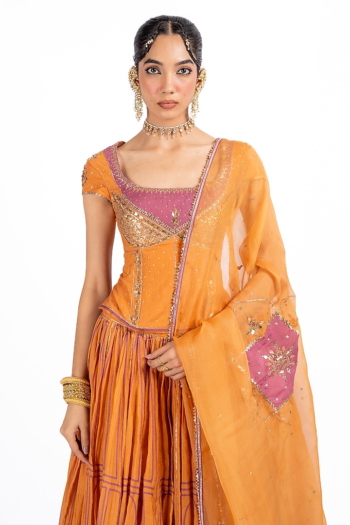 Mustard Chanderi Printed & Gota Work Wedding Lehenga Set by Baise Gaba at Pernia's Pop Up Shop