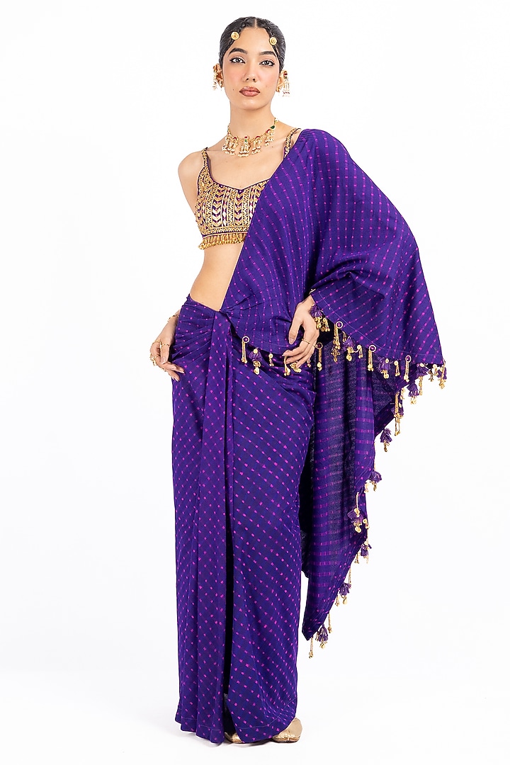 Purple Pure Georgette Leheriya Pre-Draped Wedding Saree Set by Baise Gaba at Pernia's Pop Up Shop