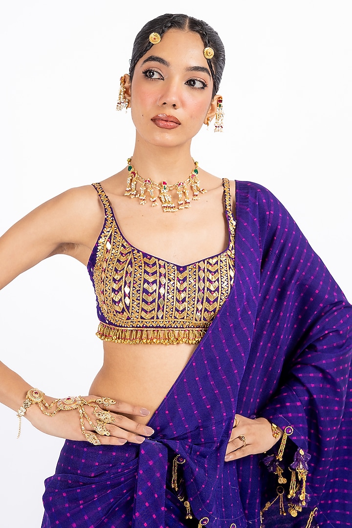 Purple Pure Georgette Leheriya Pre-Draped Wedding Saree Set by Baise Gaba at Pernia's Pop Up Shop