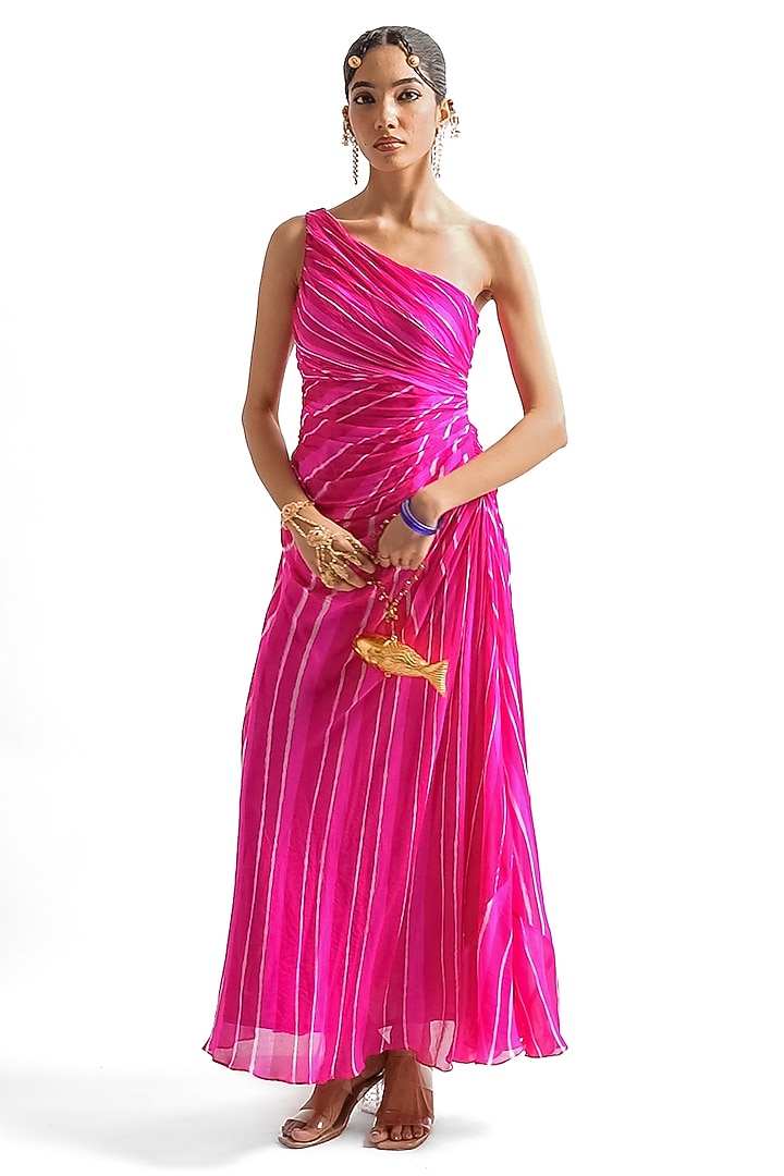 Rani Pink Pure Georgette Leheriya One-Shoulder Vacation Dress by Baise Gaba at Pernia's Pop Up Shop