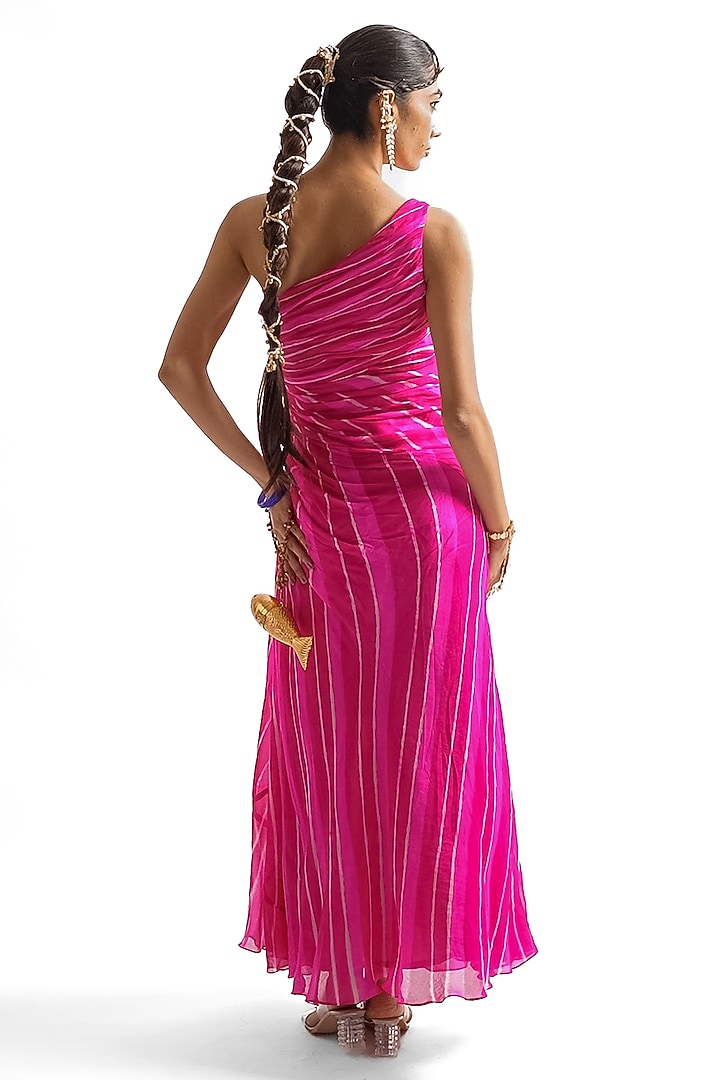 Rani Pink Pure Georgette Leheriya One-Shoulder Vacation Dress by Baise Gaba at Pernia's Pop Up Shop