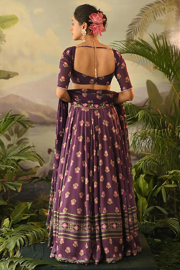 Purple Modal Satin Floral Printed Wedding Lehenga Set by Baise Gaba at Pernia's Pop Up Shop