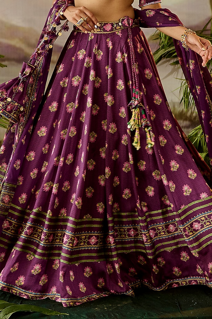 Purple Modal Satin Floral Printed Wedding Lehenga Set by Baise Gaba at Pernia's Pop Up Shop