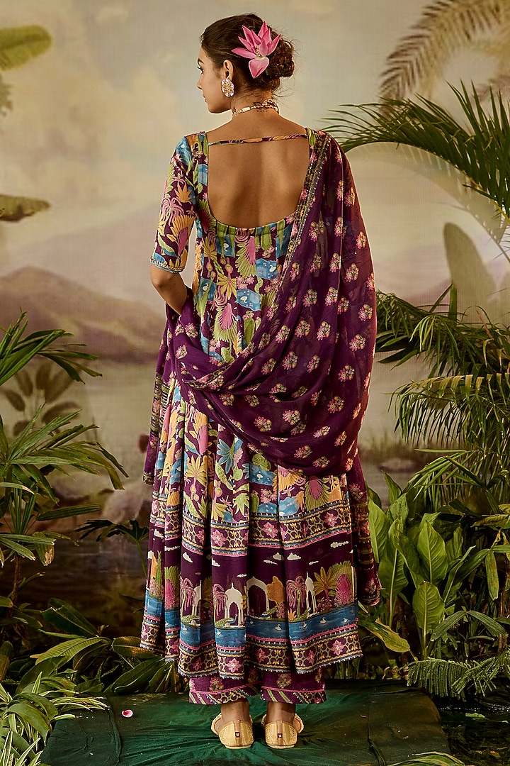 Purple Modal Satin Printed Kalidar Party Wear Anarkali Set by Baise Gaba at Pernia's Pop Up Shop