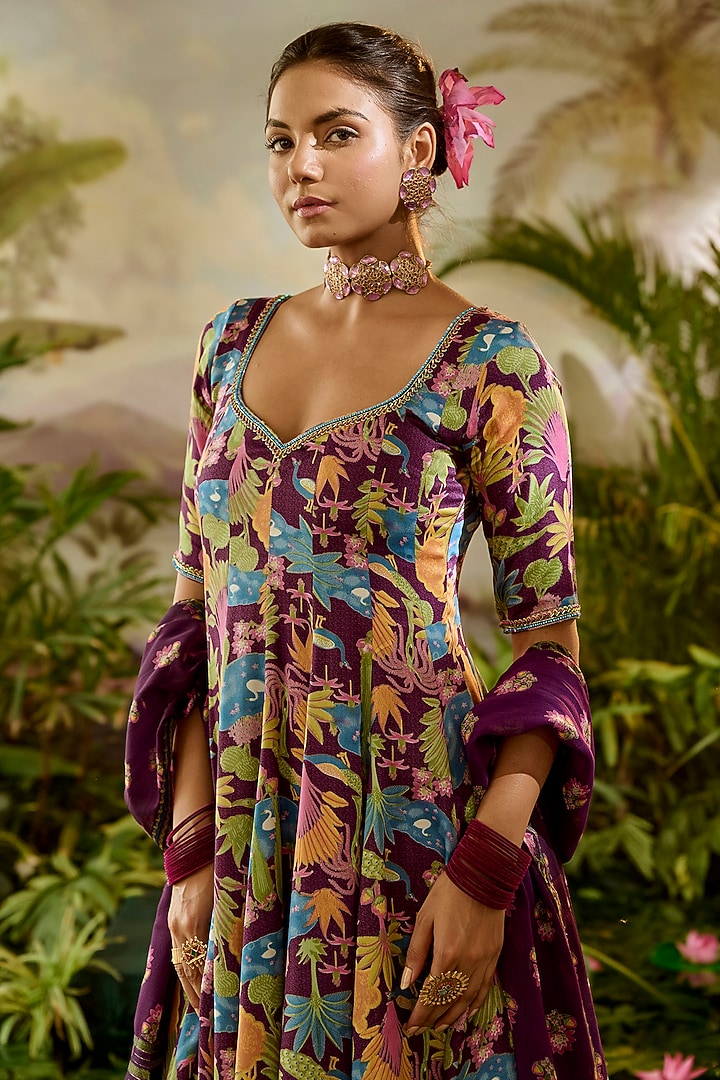 Purple Modal Satin Printed Kalidar Party Wear Anarkali Set by Baise Gaba at Pernia's Pop Up Shop