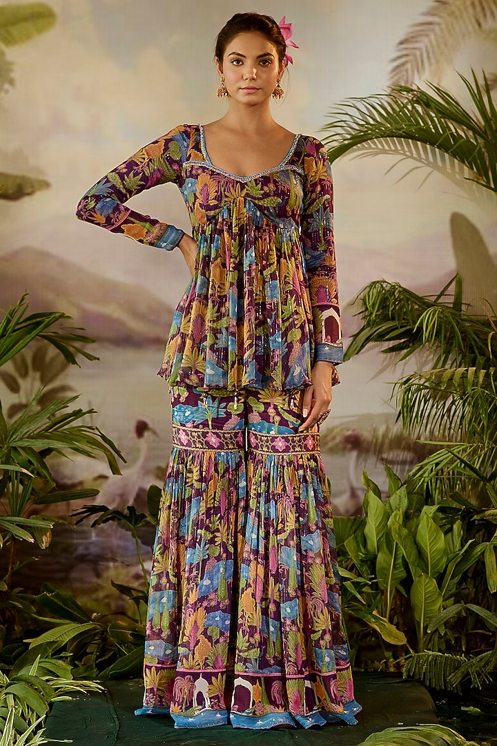 Purple Modal Satin & Lurex Chiffon Printed Gharara Set by Baise Gaba at Pernia's Pop Up Shop