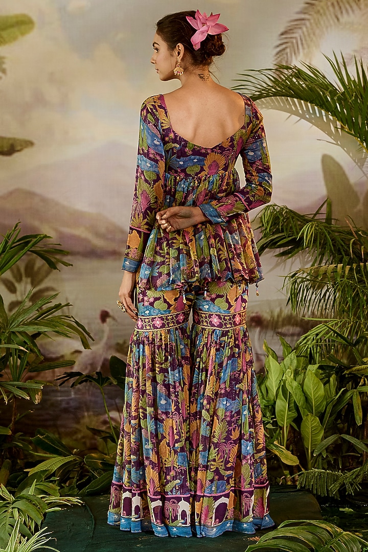 Purple Modal Satin & Lurex Chiffon Printed Gharara Set by Baise Gaba at Pernia's Pop Up Shop