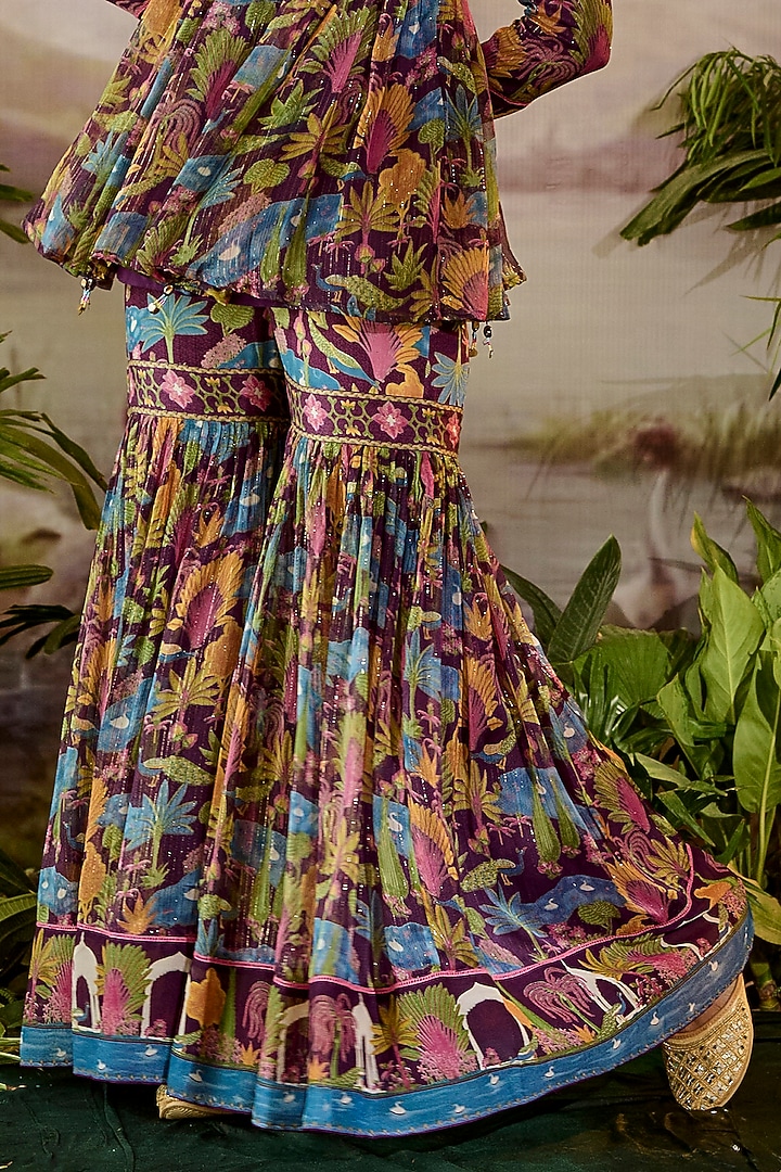 Purple Modal Satin & Lurex Chiffon Printed Gharara Set by Baise Gaba at Pernia's Pop Up Shop