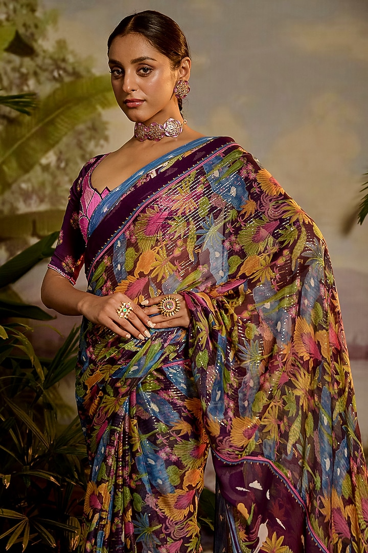 Purple Lurex Chiffon Printed Party Wear Saree Set by Baise Gaba at Pernia's Pop Up Shop