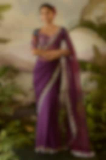 Purple Organza Hand Embroidered Sheer Wedding Saree Set by Baise Gaba at Pernia's Pop Up Shop