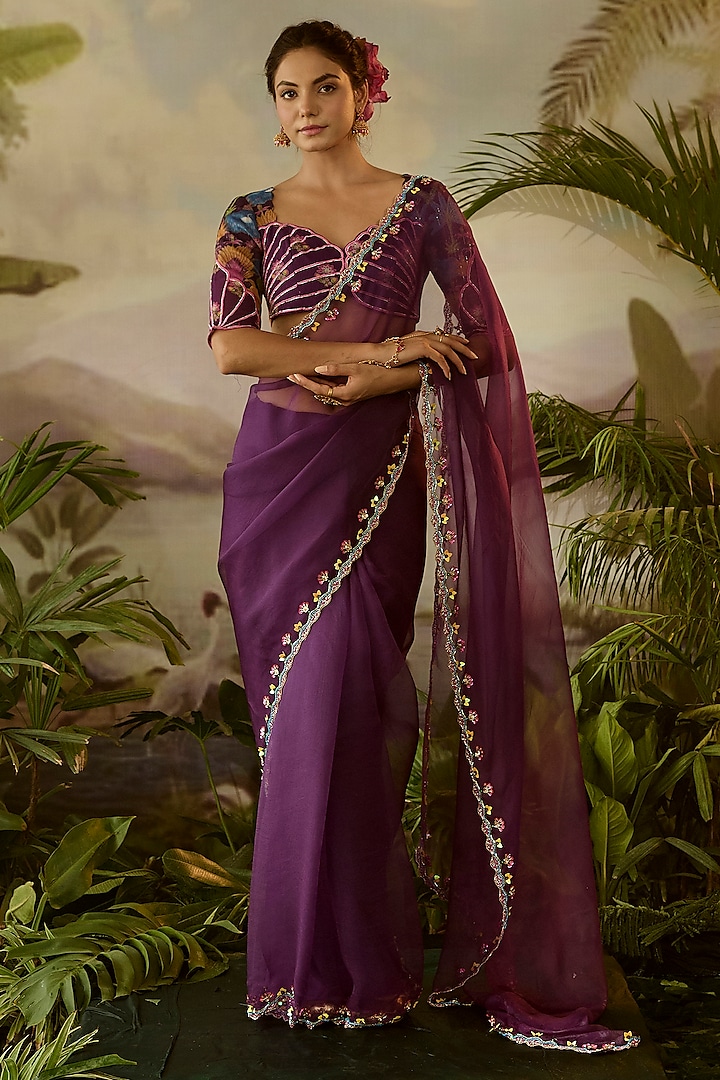 Purple Organza Hand Embroidered Sheer Wedding Saree Set by Baise Gaba at Pernia's Pop Up Shop